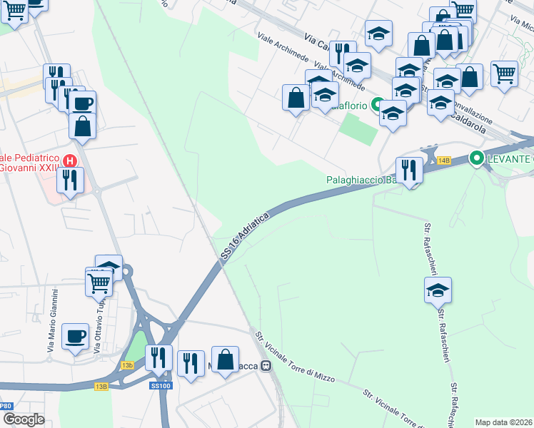 map of restaurants, bars, coffee shops, grocery stores, and more near in Metropolitan City of Bari