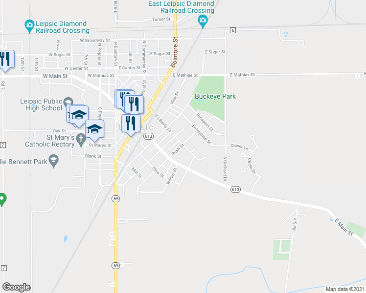 map of restaurants, bars, coffee shops, grocery stores, and more near 604 E Liberty St in Leipsic