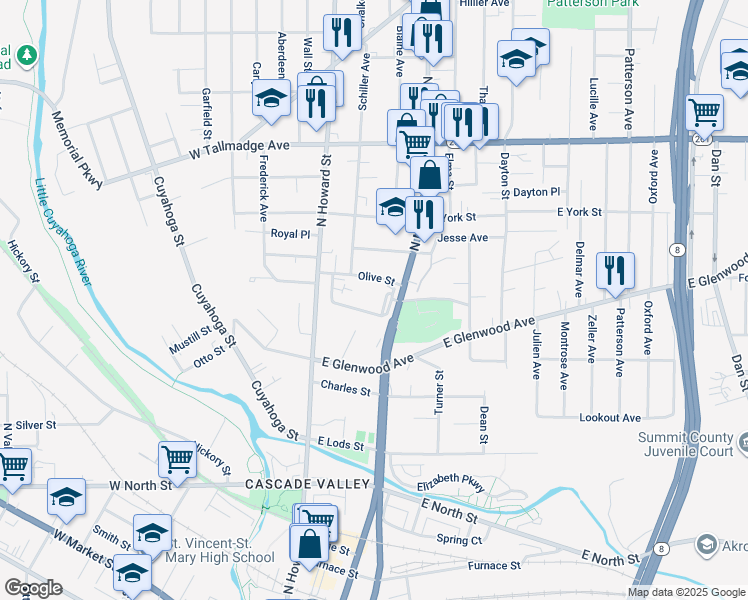 map of restaurants, bars, coffee shops, grocery stores, and more near 11 West Mill Street in Akron