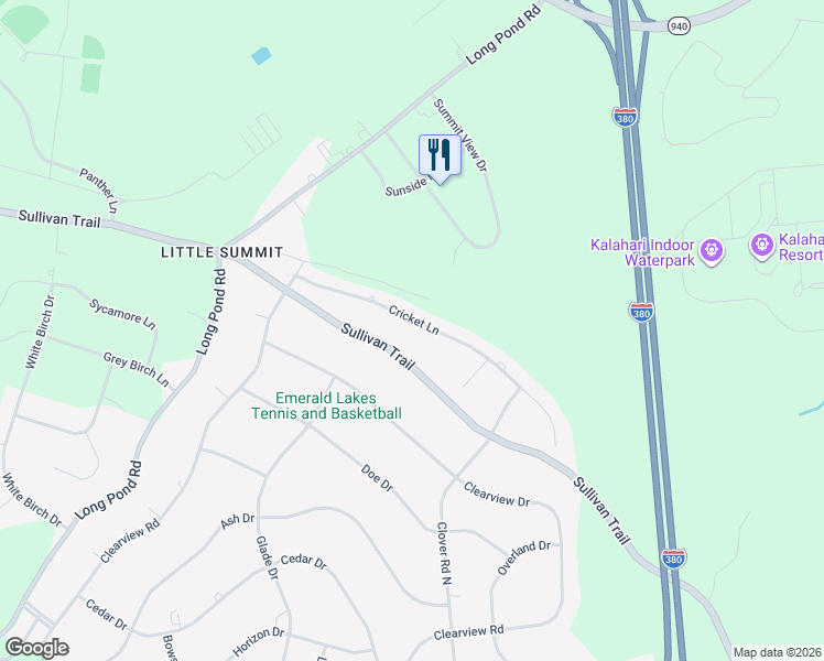 map of restaurants, bars, coffee shops, grocery stores, and more near 575 Sullivan Trail in Long Pond