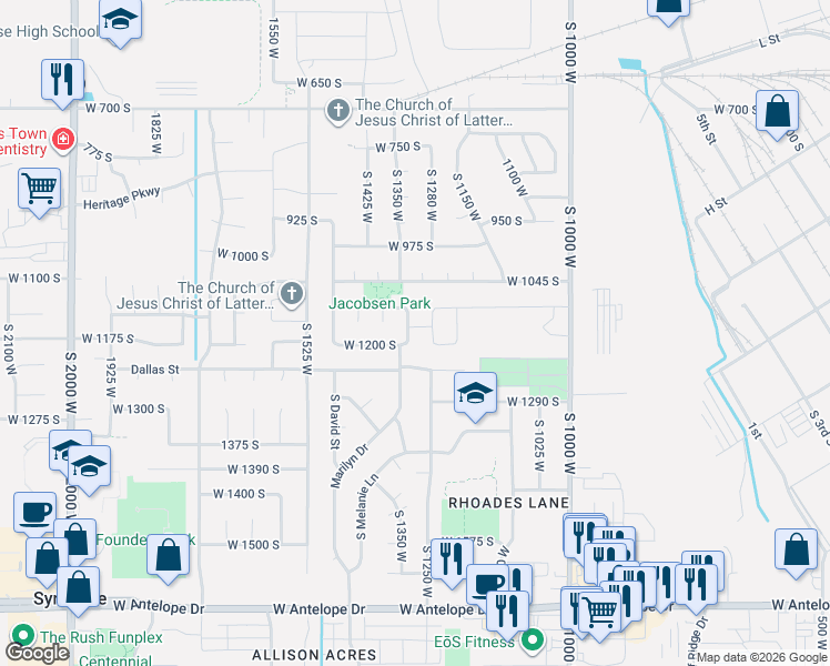 map of restaurants, bars, coffee shops, grocery stores, and more near 1176 South 1325 West in Clearfield