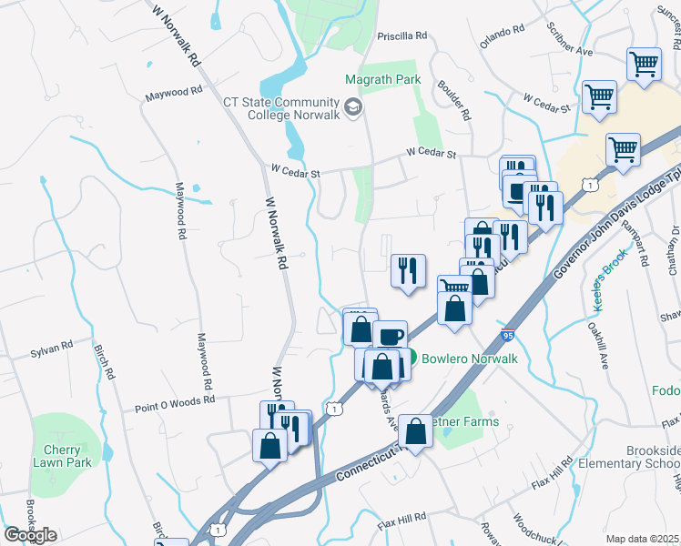 map of restaurants, bars, coffee shops, grocery stores, and more near 10 Riverwalk Lane in Norwalk