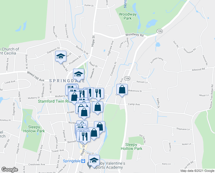 map of restaurants, bars, coffee shops, grocery stores, and more near 16 Overlook Place in Stamford
