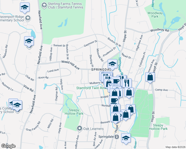 map of restaurants, bars, coffee shops, grocery stores, and more near 22 Elmer Street in Stamford