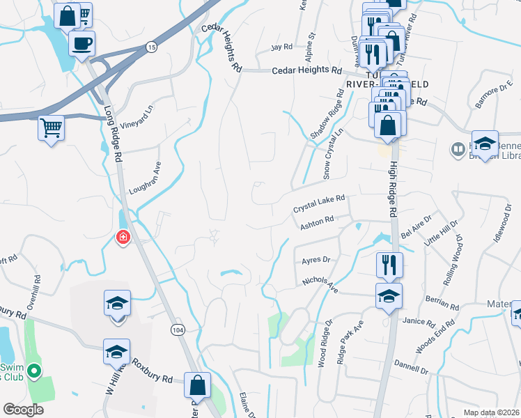 map of restaurants, bars, coffee shops, grocery stores, and more near 27 Wilder Road in Stamford