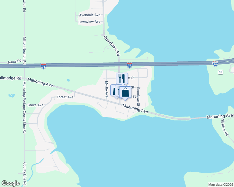 map of restaurants, bars, coffee shops, grocery stores, and more near 292 Grandview Road in Lake Milton