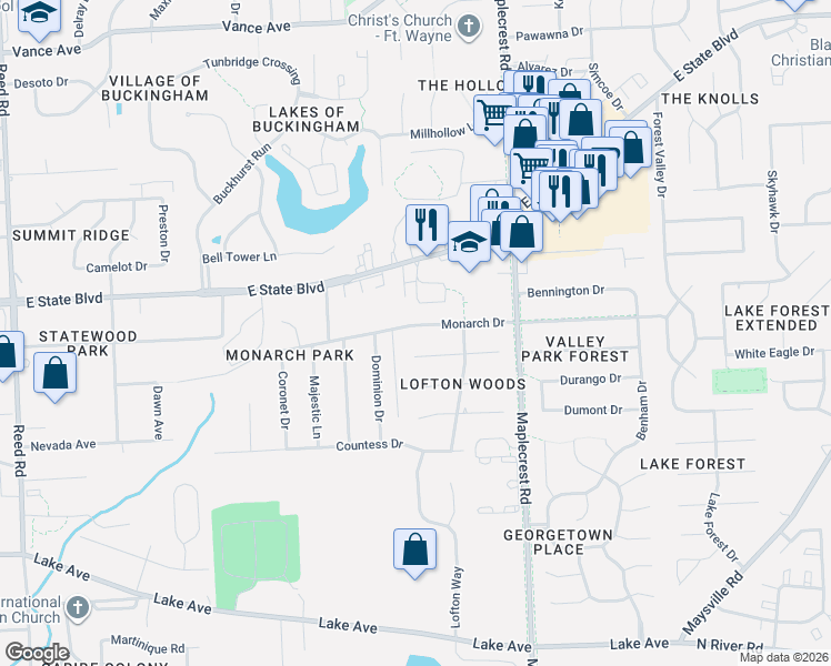 map of restaurants, bars, coffee shops, grocery stores, and more near 6022 Monarch Drive in Fort Wayne