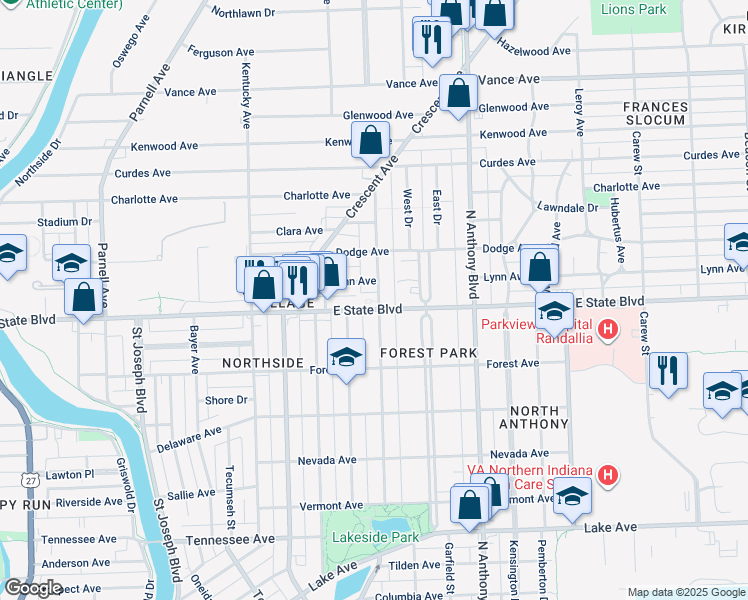 map of restaurants, bars, coffee shops, grocery stores, and more near 1415 East State Boulevard in Fort Wayne