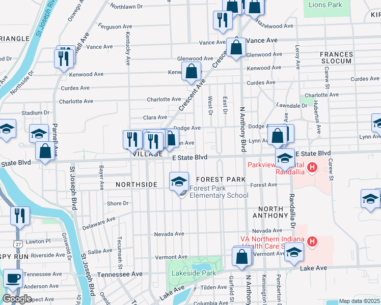 map of restaurants, bars, coffee shops, grocery stores, and more near 1415 East State Boulevard in Fort Wayne