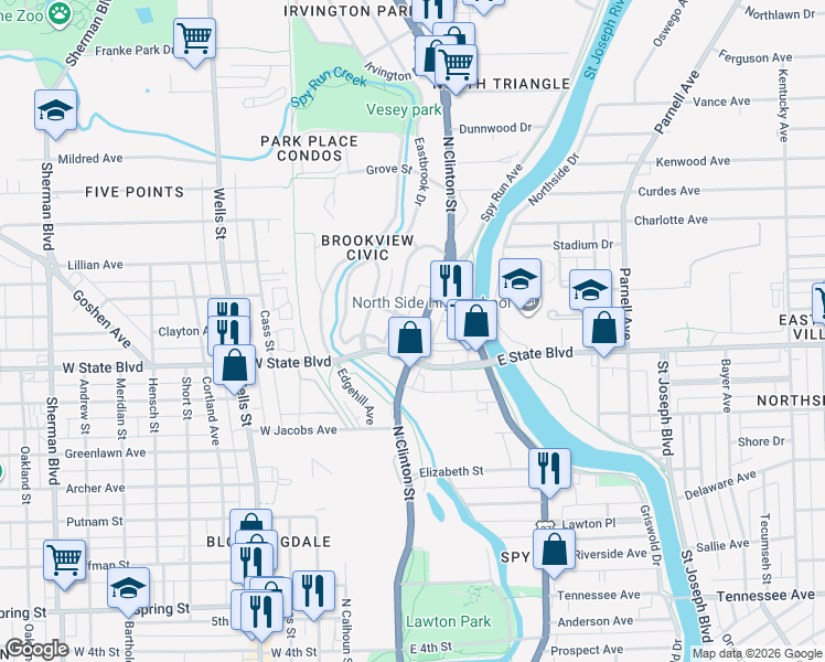 map of restaurants, bars, coffee shops, grocery stores, and more near 2329 North Clinton Street in Fort Wayne