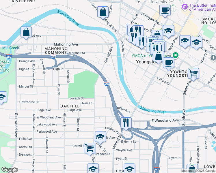 map of restaurants, bars, coffee shops, grocery stores, and more near Interstate 680 in Youngstown