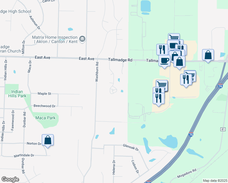 map of restaurants, bars, coffee shops, grocery stores, and more near 145 Eastpointe Drive in Tallmadge