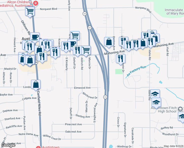map of restaurants, bars, coffee shops, grocery stores, and more near 119 Marcia Drive in Youngstown