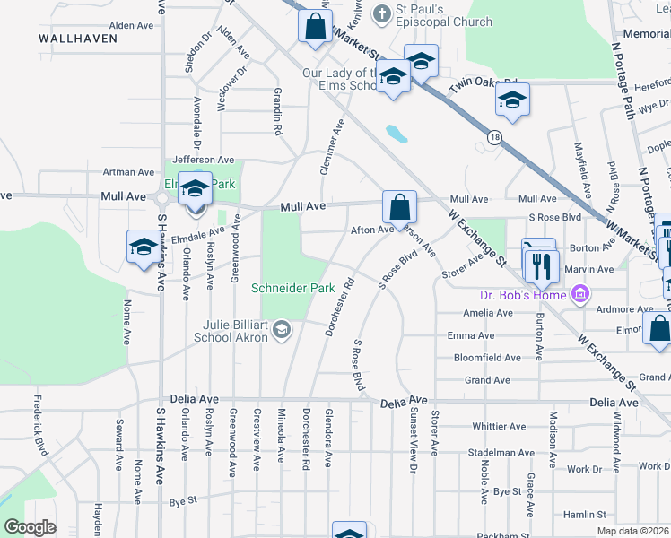 map of restaurants, bars, coffee shops, grocery stores, and more near 265 Mineola Ave in Akron