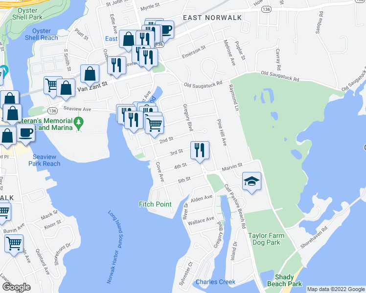 map of restaurants, bars, coffee shops, grocery stores, and more near 21 3rd Street in Norwalk