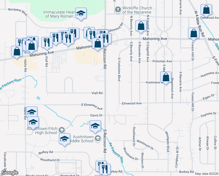 map of restaurants, bars, coffee shops, grocery stores, and more near 225 South Raccoon Road in Youngstown