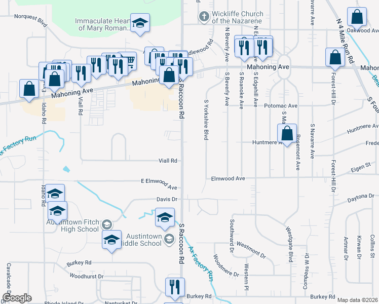 map of restaurants, bars, coffee shops, grocery stores, and more near 225 South Raccoon Road in Youngstown
