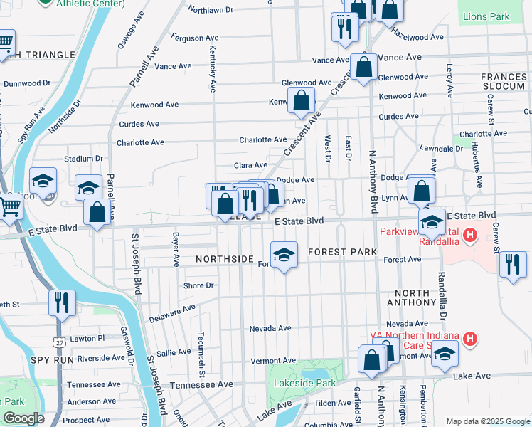 map of restaurants, bars, coffee shops, grocery stores, and more near 2311 California Avenue in Fort Wayne