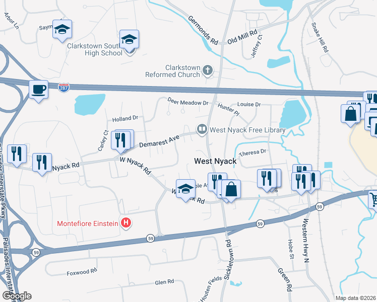 map of restaurants, bars, coffee shops, grocery stores, and more near 26 Scotty Lane in West Nyack