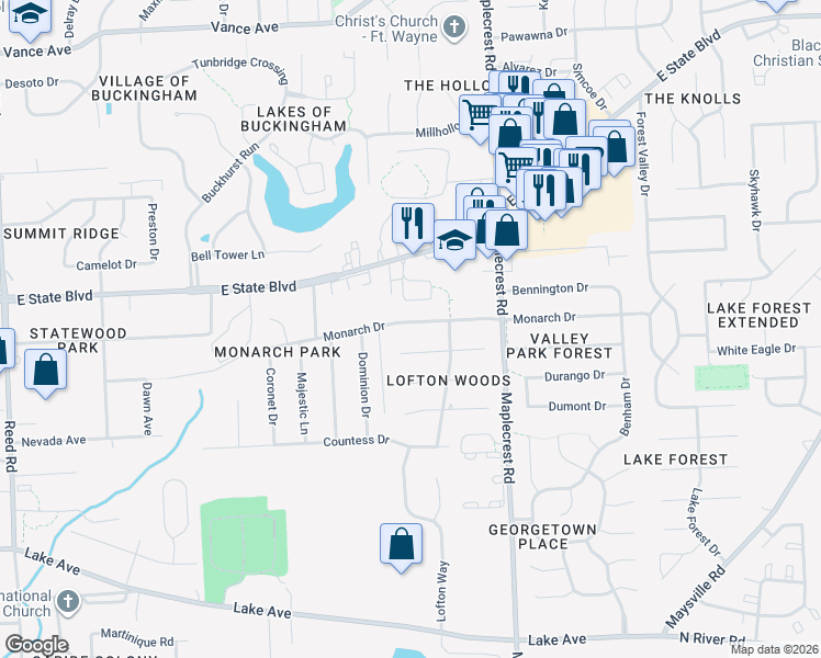 map of restaurants, bars, coffee shops, grocery stores, and more near 6022 Monarch Drive in Fort Wayne