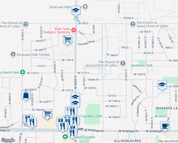 map of restaurants, bars, coffee shops, grocery stores, and more near 1862 West 1175 South in Syracuse