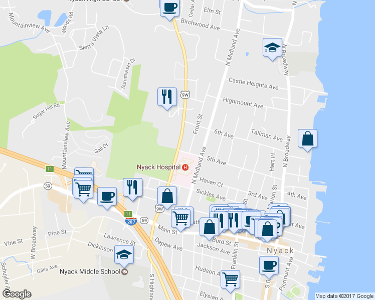 map of restaurants, bars, coffee shops, grocery stores, and more near 2 Front Street in Nyack