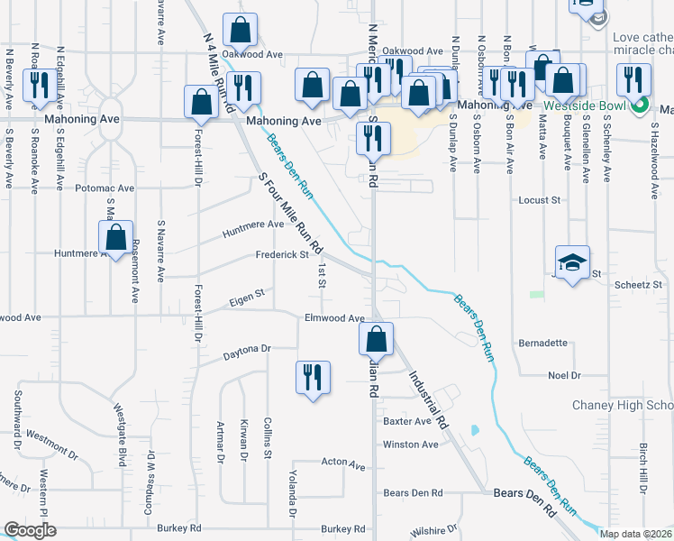 map of restaurants, bars, coffee shops, grocery stores, and more near 220 1st Street in Youngstown