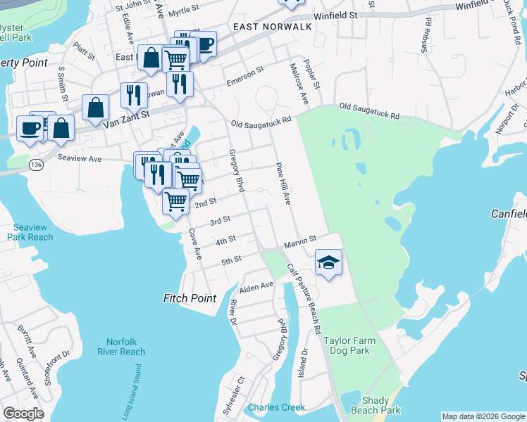 map of restaurants, bars, coffee shops, grocery stores, and more near 71 Gregory Boulevard in Norwalk