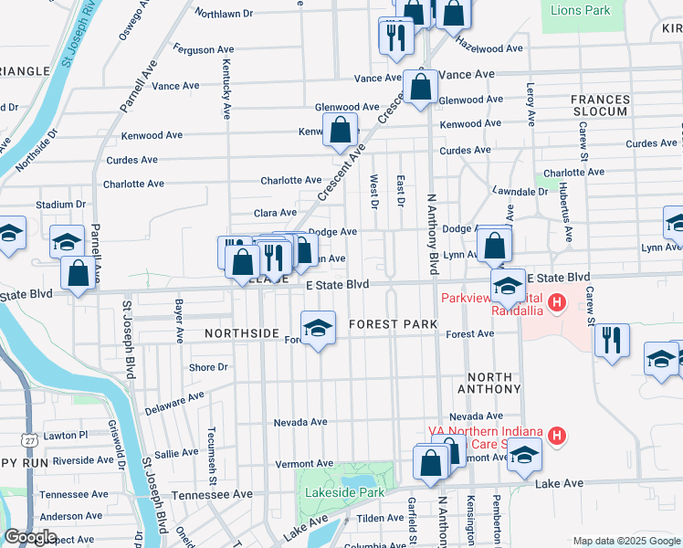 map of restaurants, bars, coffee shops, grocery stores, and more near 2305 Florida Drive in Fort Wayne