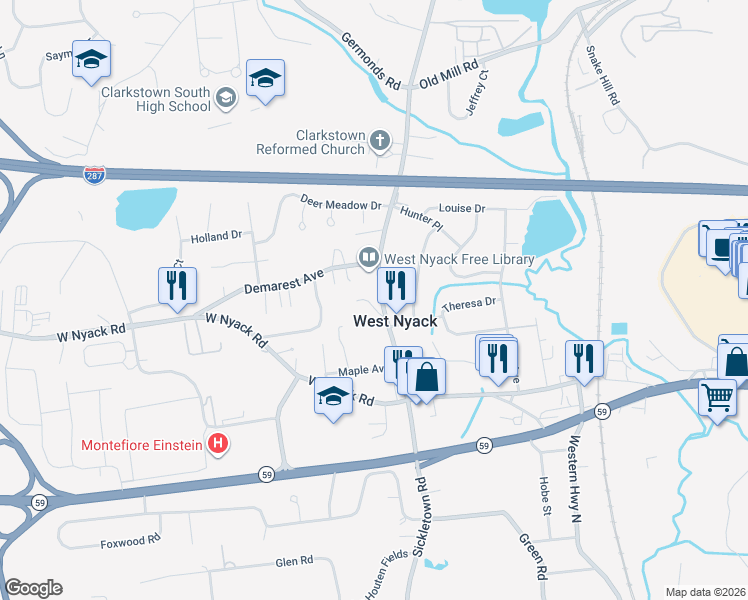 map of restaurants, bars, coffee shops, grocery stores, and more near 26 Scotty Lane in West Nyack