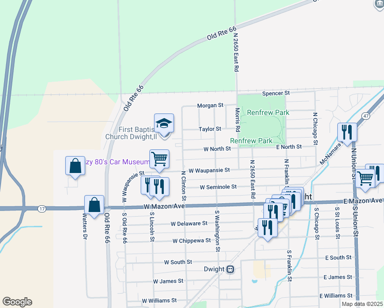 map of restaurants, bars, coffee shops, grocery stores, and more near 221 West North Street in Dwight