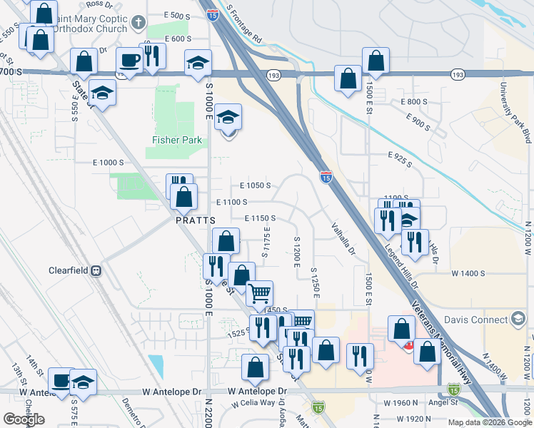 map of restaurants, bars, coffee shops, grocery stores, and more near 1173 East 1150 South in Clearfield