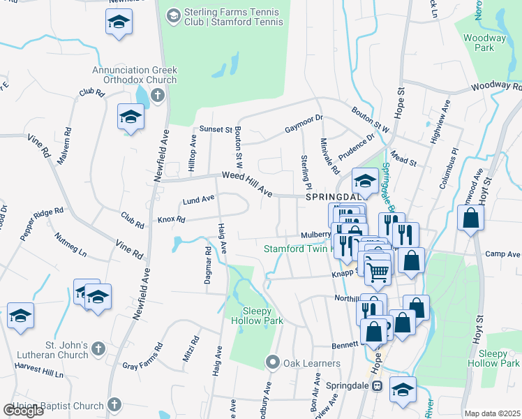 map of restaurants, bars, coffee shops, grocery stores, and more near 44 Estwick Place in Stamford