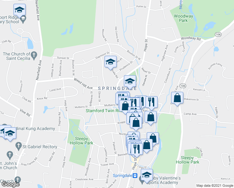 map of restaurants, bars, coffee shops, grocery stores, and more near 1136 Hope Street in Stamford
