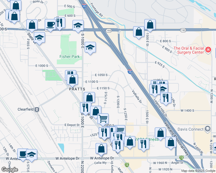 map of restaurants, bars, coffee shops, grocery stores, and more near 1175 East 1150 South in Clearfield