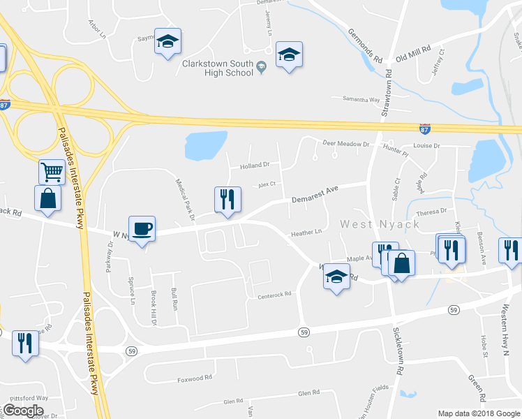map of restaurants, bars, coffee shops, grocery stores, and more near 74 Demarest Avenue in West Nyack