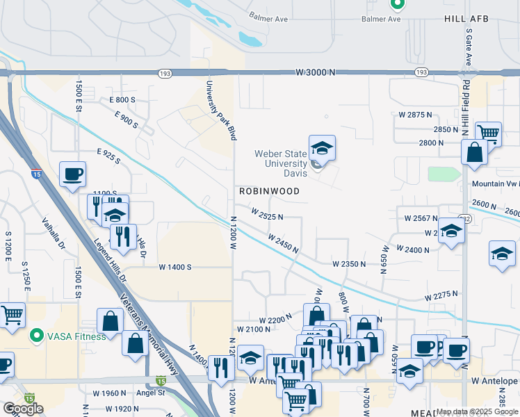 map of restaurants, bars, coffee shops, grocery stores, and more near 1124 West 2525 North in Layton