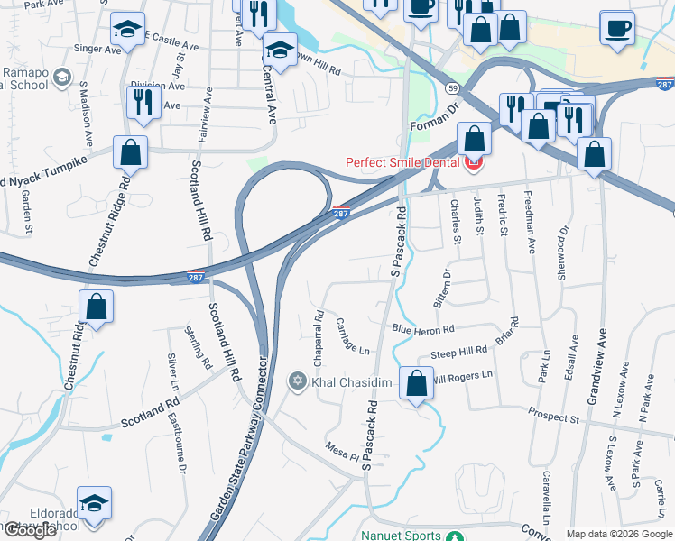 map of restaurants, bars, coffee shops, grocery stores, and more near 19 Birchwood Avenue in Nanuet