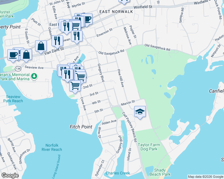 map of restaurants, bars, coffee shops, grocery stores, and more near 71 Gregory Boulevard in Norwalk