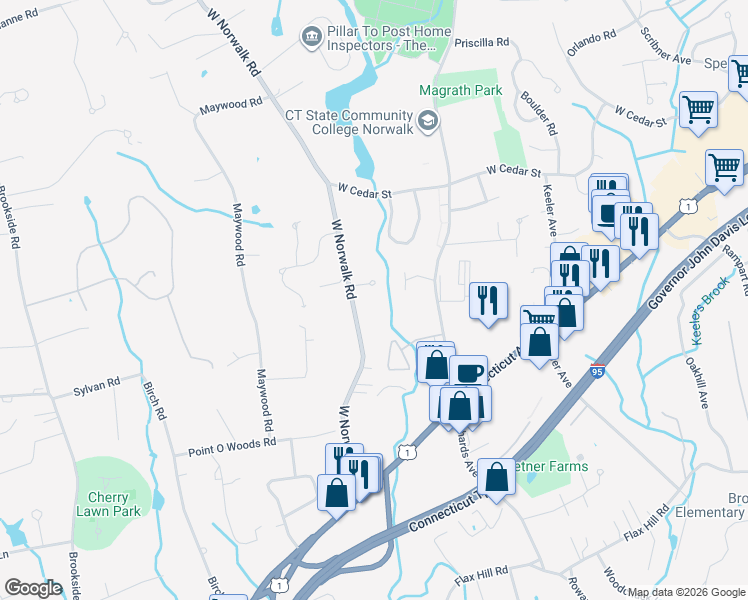 map of restaurants, bars, coffee shops, grocery stores, and more near 68 West Norwalk Road in Norwalk