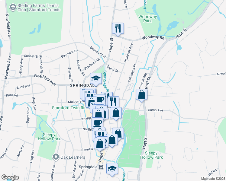 map of restaurants, bars, coffee shops, grocery stores, and more near 42 Highview Avenue in Stamford