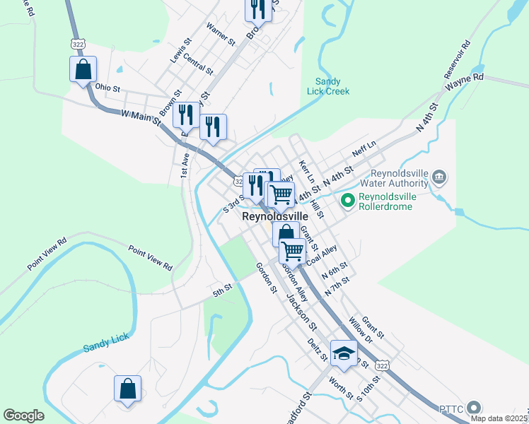 map of restaurants, bars, coffee shops, grocery stores, and more near 417 East Main Street in Reynoldsville