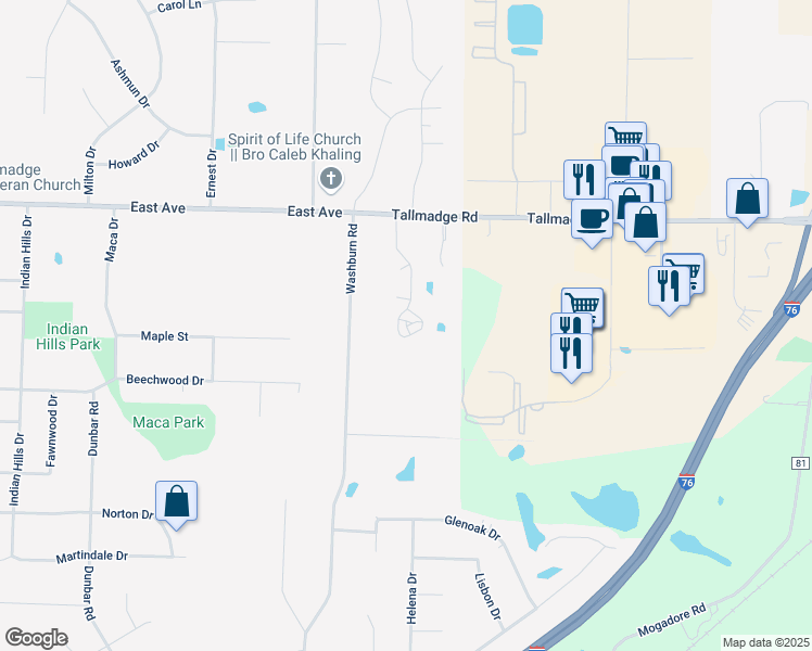 map of restaurants, bars, coffee shops, grocery stores, and more near 145 Eastpointe Drive in Tallmadge