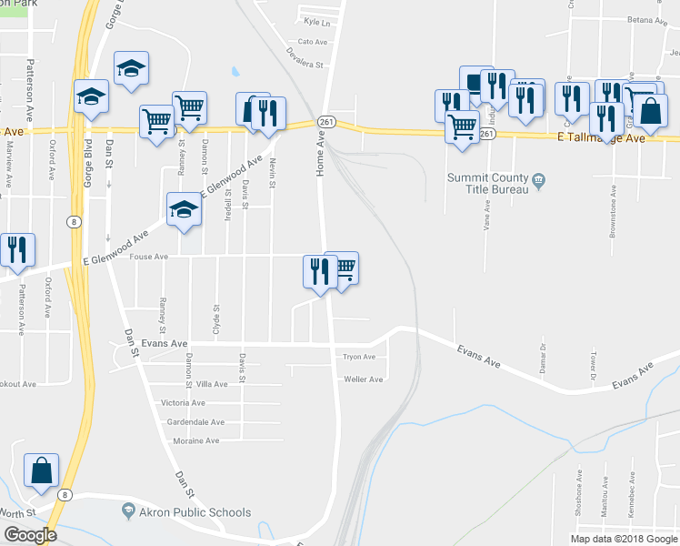 map of restaurants, bars, coffee shops, grocery stores, and more near 955 Home Avenue in Akron