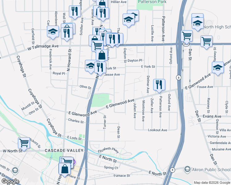 map of restaurants, bars, coffee shops, grocery stores, and more near 198 Butler Court in Akron