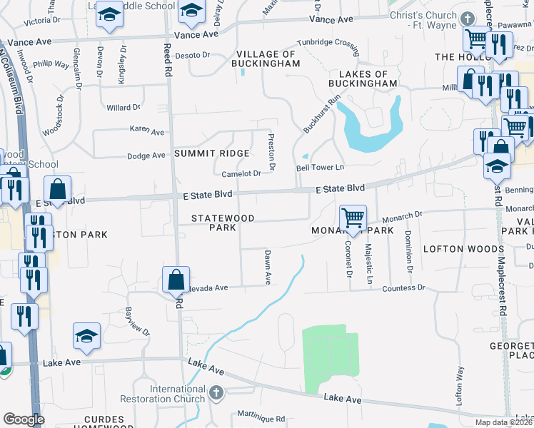 map of restaurants, bars, coffee shops, grocery stores, and more near 5215 Forest Avenue in Fort Wayne