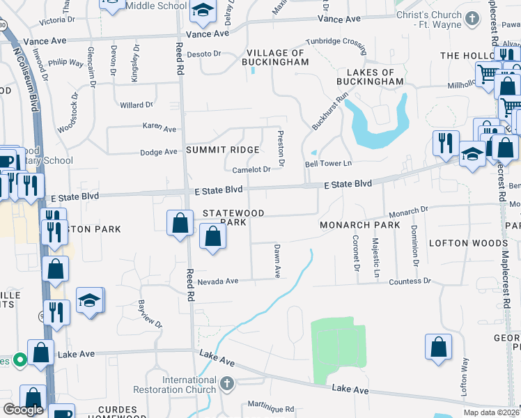 map of restaurants, bars, coffee shops, grocery stores, and more near 2100-2298 Berkley Ave in Fort Wayne