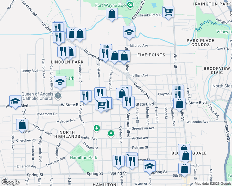 map of restaurants, bars, coffee shops, grocery stores, and more near 1004 Clayton Ave in Fort Wayne