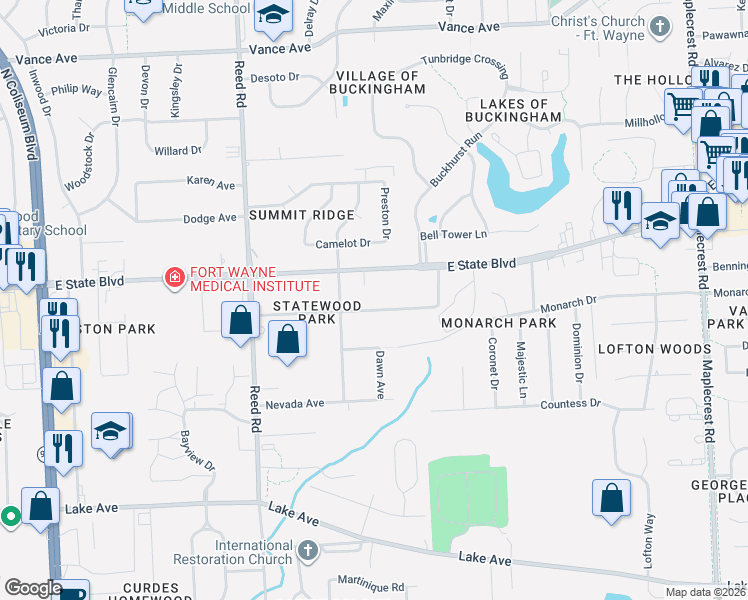 map of restaurants, bars, coffee shops, grocery stores, and more near 5215 Forest Avenue in Fort Wayne