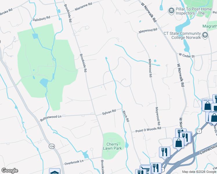 map of restaurants, bars, coffee shops, grocery stores, and more near 6 Woodley Road in Darien